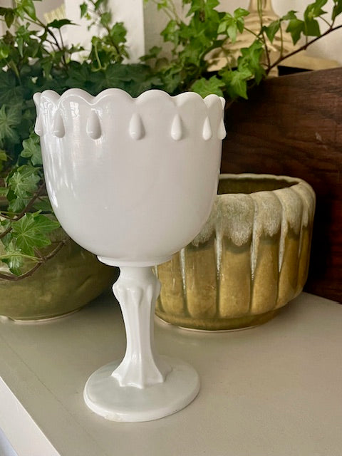 Vintage Small Milk Glass Pedestal Compote w/ Tear Drop Pattern